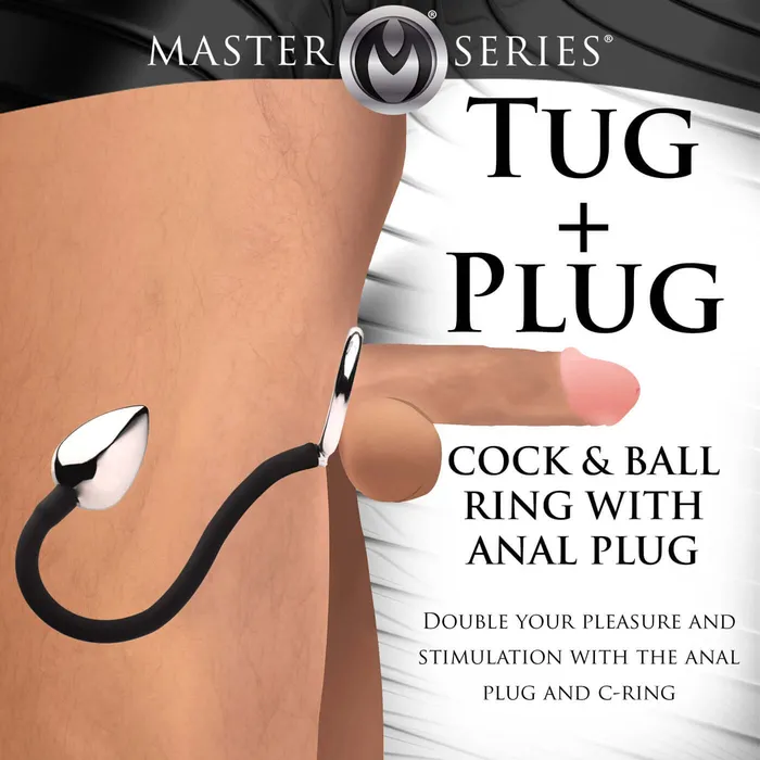 Tug Plus Plug Cock and Ball Ring With Anal Plug Black XR Brands Master Series Male Sex Toys Tug Plus Plug Cock and Ball Ring With Anal Plug Black XR Brands Master Series Male Sex Toys