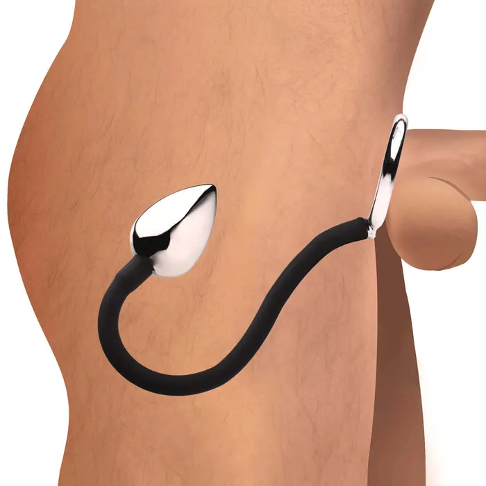 Tug Plus Plug Cock and Ball Ring With Anal Plug Black XR Brands Master Series Male Sex Toys Tug Plus Plug Cock and Ball Ring With Anal Plug Black XR Brands Master Series Male Sex Toys